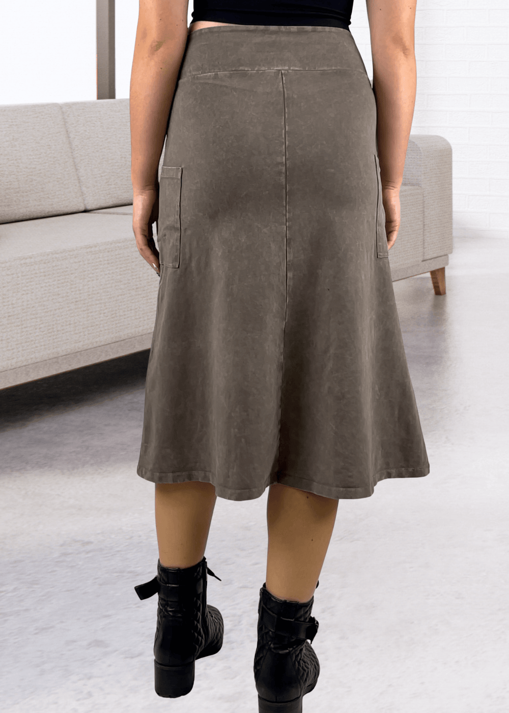 Made in USA Women's All Season Versatile Mineral Washed Cotton Stretch Midi Skirt, Side Patch Pockets, High Waist, Comfortable & Soft 4 Way stretch in Desert Taupe | Classy Cozy Cool Made in America Boutique