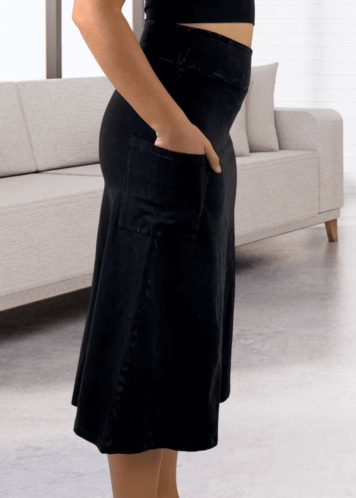 Made in USA Women's All Season Versatile Mineral Washed Cotton Stretch Midi Skirt, Side Patch Pockets, High Waist, Comfortable & Soft 4 Way stretch in Black Denim | Classy Cozy Cool Made in America Boutique