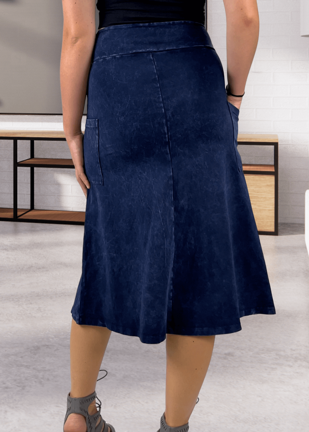 Made in USA Women's All Season Versatile Mineral Washed Cotton Stretch Midi Skirt, Side Patch Pockets, High Waist, Comfortable & Soft 4 Way stretch in Dark Denim | Classy Cozy Cool Made in America Boutique