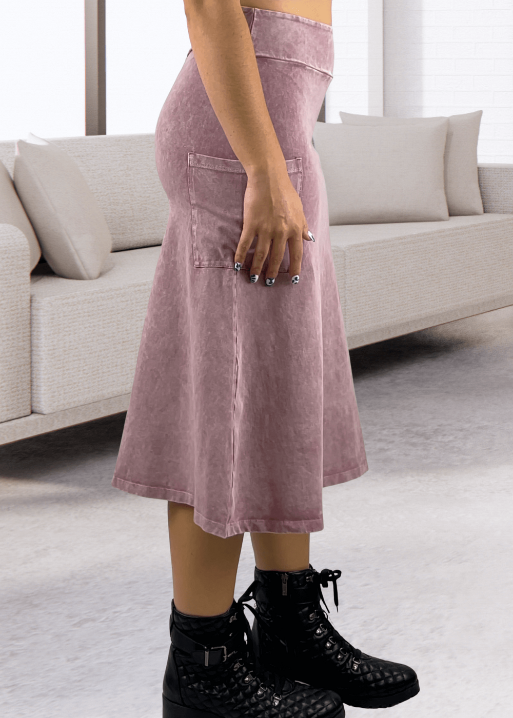 Made in USA Women's All Season Versatile Mineral Washed Cotton Stretch Midi Skirt, Side Patch Pockets, High Waist, Comfortable & Soft 4 Way stretch in Pink Denim | Classy Cozy Cool Made in America Boutique