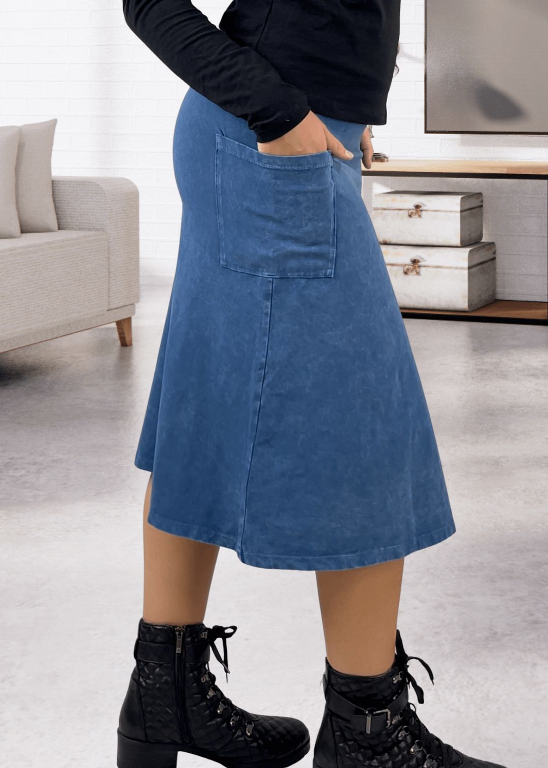 Made in USA Women's All Season Versatile Mineral Washed Cotton Stretch Midi Skirt, Side Patch Pockets, High Waist, Comfortable & Soft 4 Way stretch in Light Denim | Classy Cozy Cool Made in America Boutique