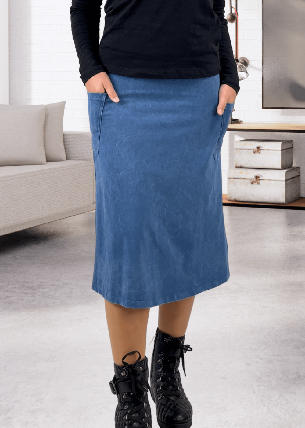 Made in USA Women's All Season Versatile Mineral Washed Cotton Stretch Midi Skirt, Side Patch Pockets, High Waist, Comfortable & Soft 4 Way stretch in Light Denim | Classy Cozy Cool Made in America Boutique