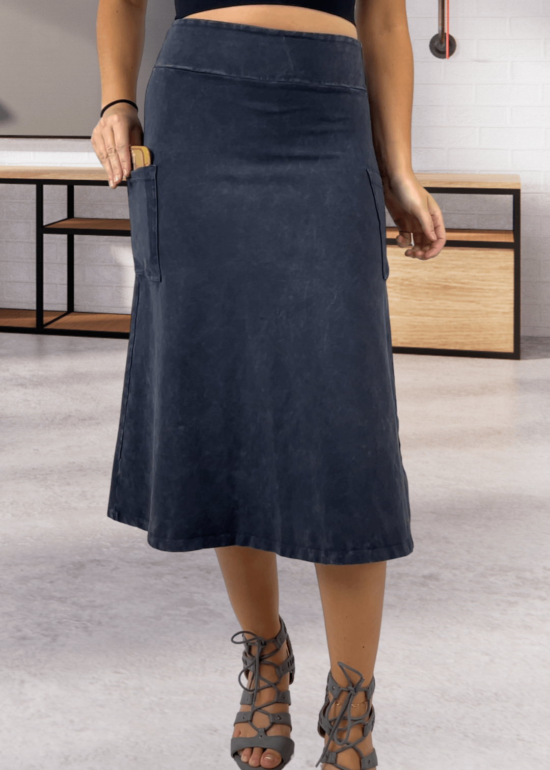 Made in USA Women's All Season Versatile Mineral Washed Cotton Stretch Midi Skirt, Side Patch Pockets, High Waist, Comfortable & Soft 4 Way stretch in Dark Gray Blue Denim | Classy Cozy Cool Made in America Boutique