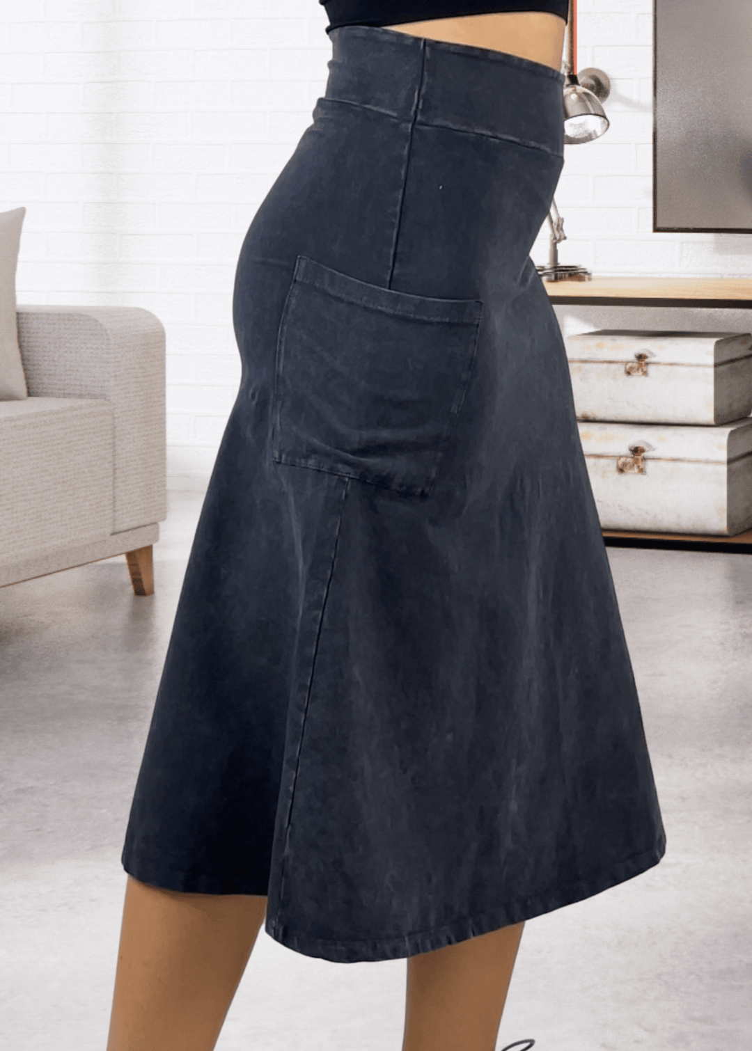 Made in USA Women's All Season Versatile Mineral Washed Cotton Stretch Midi Skirt, Side Patch Pockets, High Waist, Comfortable & Soft 4 Way stretch in Dark Gray Blue Denim | Classy Cozy Cool Made in America Boutique
