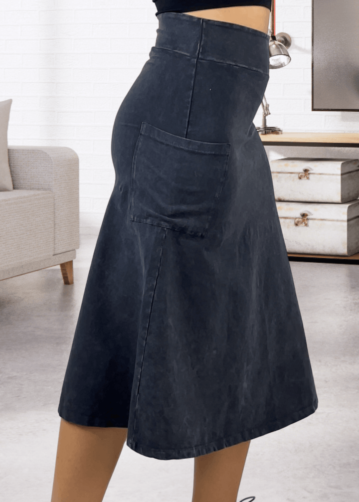 Made in USA Women's All Season Versatile Mineral Washed Cotton Stretch Midi Skirt, Side Patch Pockets, High Waist, Comfortable & Soft 4 Way stretch in Dark Gray Blue Denim | Classy Cozy Cool Made in America Boutique