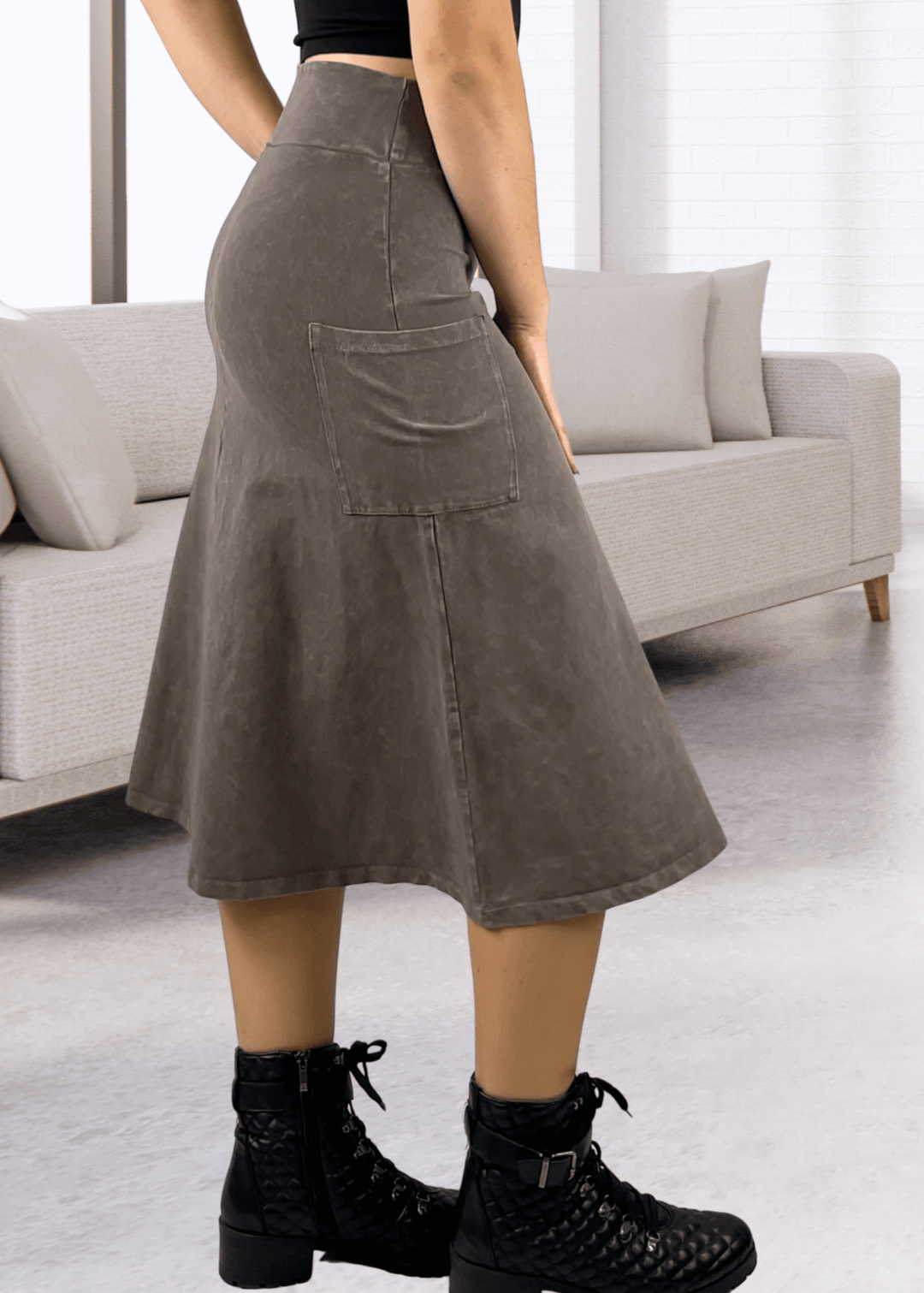 Made in USA Women's All Season Versatile Mineral Washed Cotton Stretch Midi Skirt, Side Patch Pockets, High Waist, Comfortable & Soft 4 Way stretch in Desert Taupe | Classy Cozy Cool Made in America Boutique