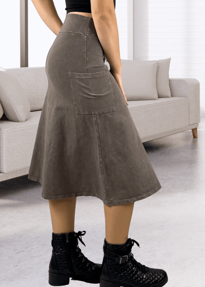 Made in USA Women's All Season Versatile Mineral Washed Cotton Stretch Midi Skirt, Side Patch Pockets, High Waist, Comfortable & Soft 4 Way stretch in Desert Taupe | Classy Cozy Cool Made in America Boutique