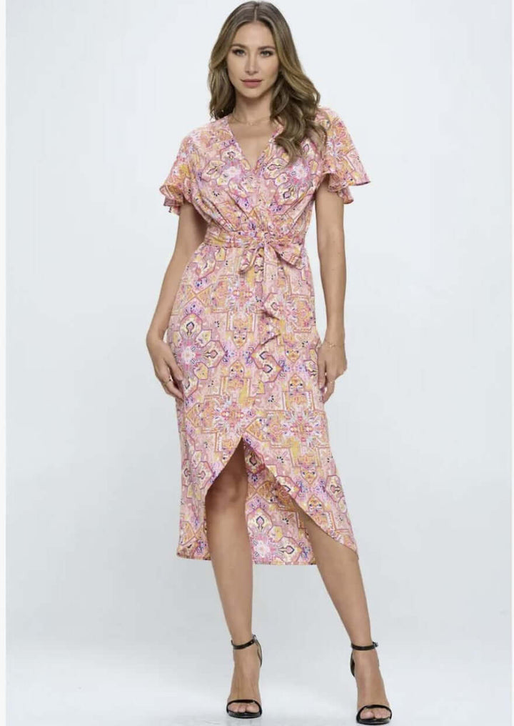 Ladies Pink Floral Print Tulip Hem Jersey Midi Wrap Dress with Flutter Sleeves | Renee C. Style #4547DR | Made in USA | Classy Cozy Cool Clothing Boutique