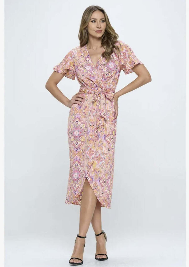 Ladies Pink Floral Print Tulip Hem Jersey Midi Wrap Dress with Flutter Sleeves | Renee C. Style #4547DR | Made in USA | Classy Cozy Cool Clothing Boutique