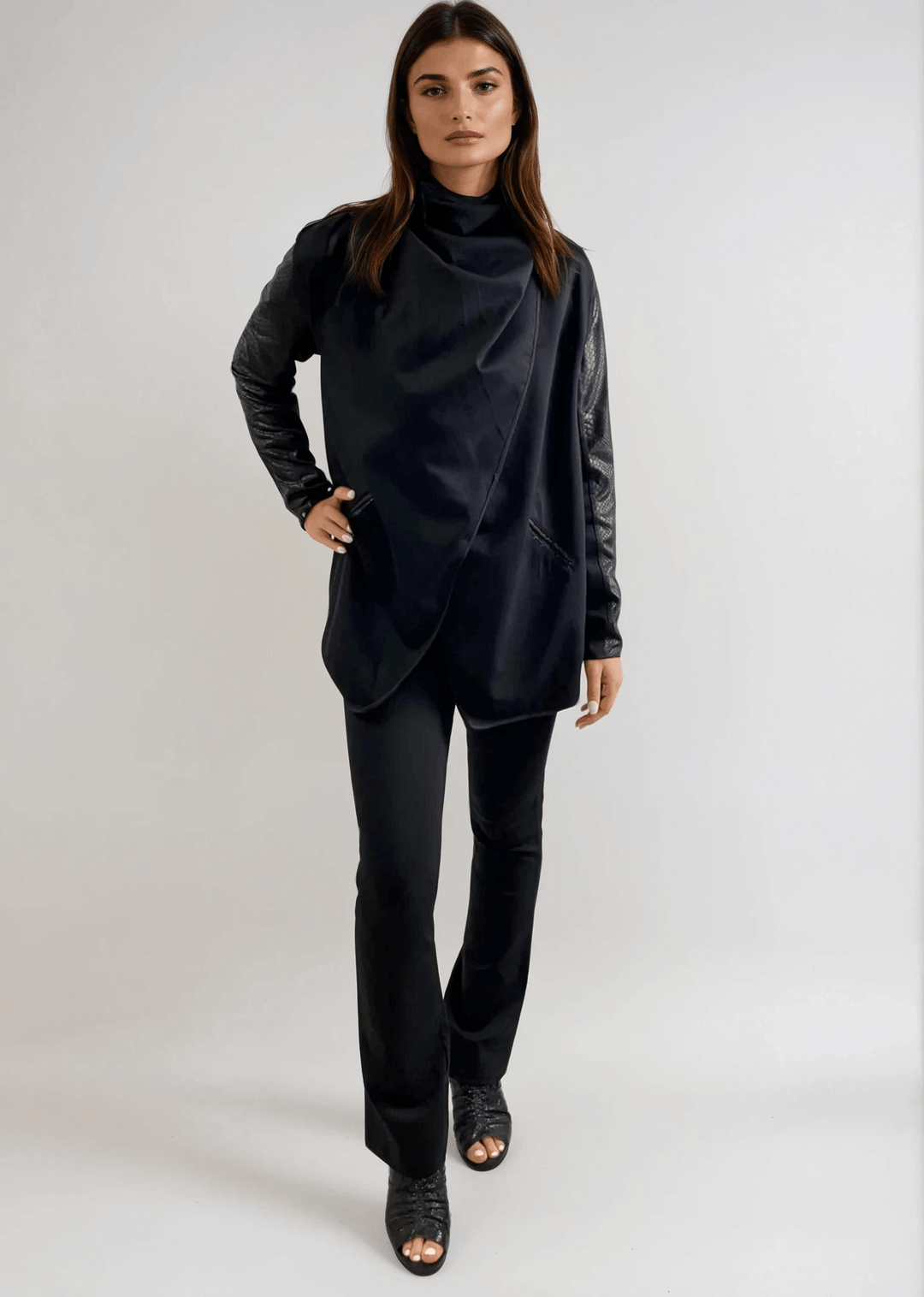 Made in USA Trendy Unique Women's Black Open Front Jacket with Faux Leather Sleeves, Thumbholes, Snap Lapel Closure and Side Pockets | Classy Cozy Cool Women's Made in America Clothing Boutique