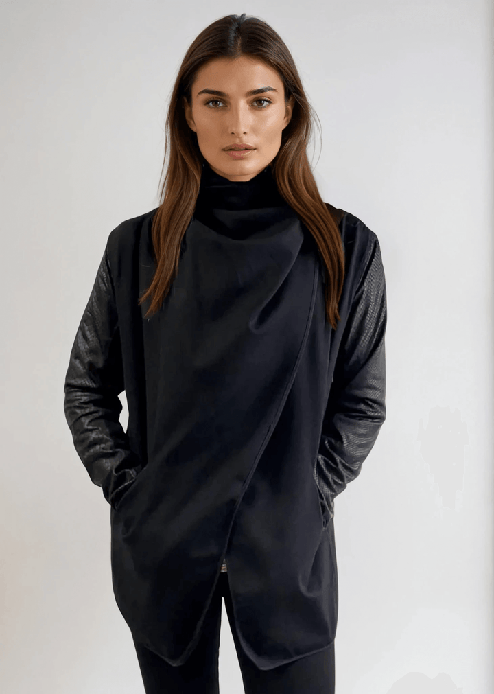 Made in USA Trendy Unique Women's Black Open Front Jacket with Faux Leather Sleeves, Thumbholes, Snap Lapel Closure and Side Pockets | Classy Cozy Cool Women's Made in America Clothing Boutique