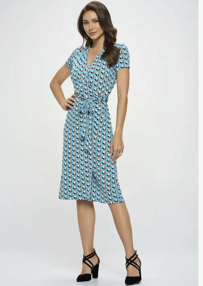 Ladies Aqua Blue Tulip Print Midi Jersey Wrap Dress | Renee C. Style# S4329DRR | Made in USA | Classy Cozy Cool Women's Made in America Clothing Boutique