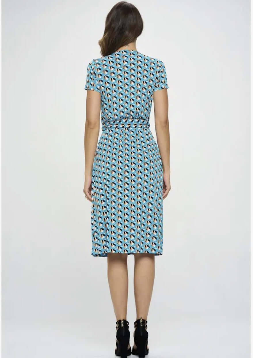 Ladies Aqua Blue Tulip Print Midi Jersey Wrap Dress | Renee C. Style# S4329DRR | Made in USA | Classy Cozy Cool Women's Made in America Clothing Boutique