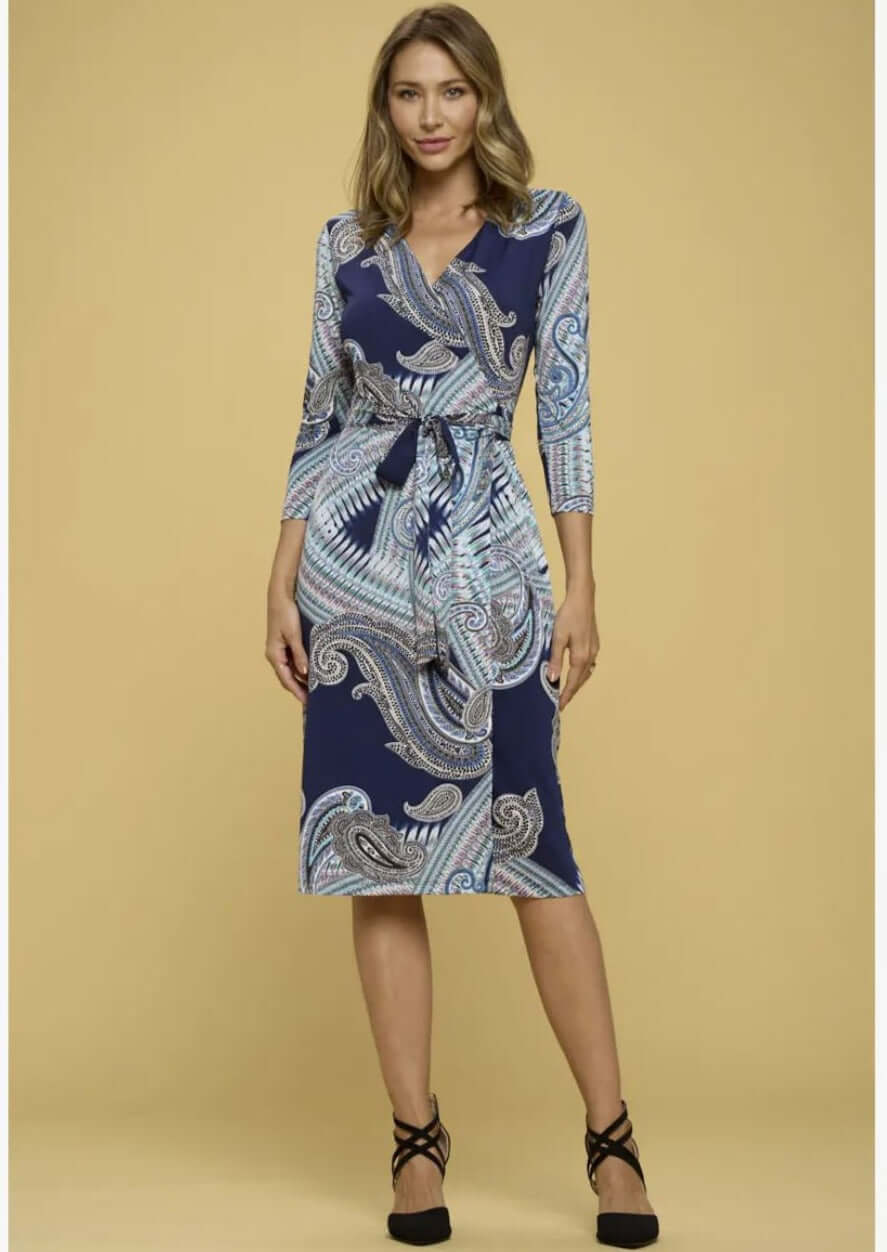 Beautiful Ladies Navy with Large Paisley Print Jersey Midi Wrap Dress with 3/4 Sleeves | Renee C. Style #4329DRA | Proudly Made in USA | Classy Cozy Cool Clothing Boutique