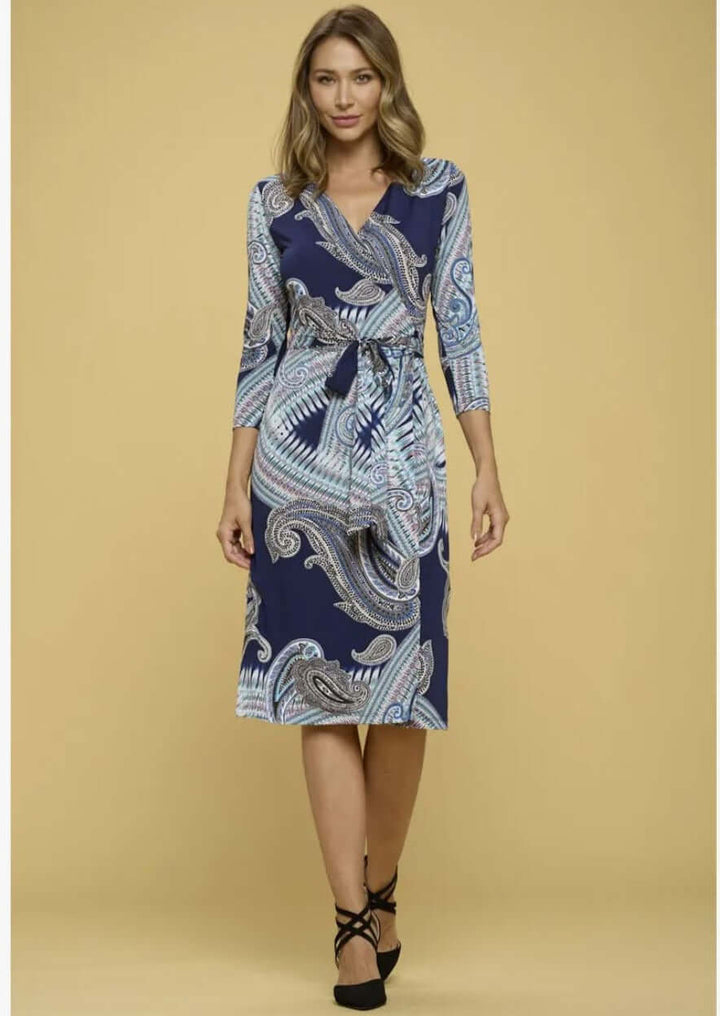 Beautiful Ladies Navy with Large Paisley Print Jersey Midi Wrap Dress with 3/4 Sleeves | Renee C. Style #4329DRA | Proudly Made in USA | Classy Cozy Cool Clothing Boutique