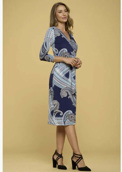 Beautiful Ladies Navy with Large Paisley Print Jersey Midi Wrap Dress with 3/4 Sleeves | Renee C. Style #4329DRA | Proudly Made in USA | Classy Cozy Cool Clothing Boutique