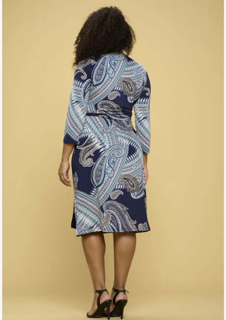 Beautiful Ladies Plus Size Navy with Large Paisley Print Jersey Midi Wrap Dress with 3/4 Sleeves | Renee C. Style #4329DRA | Made in USA | Classy Cozy Cool Clothing Boutique