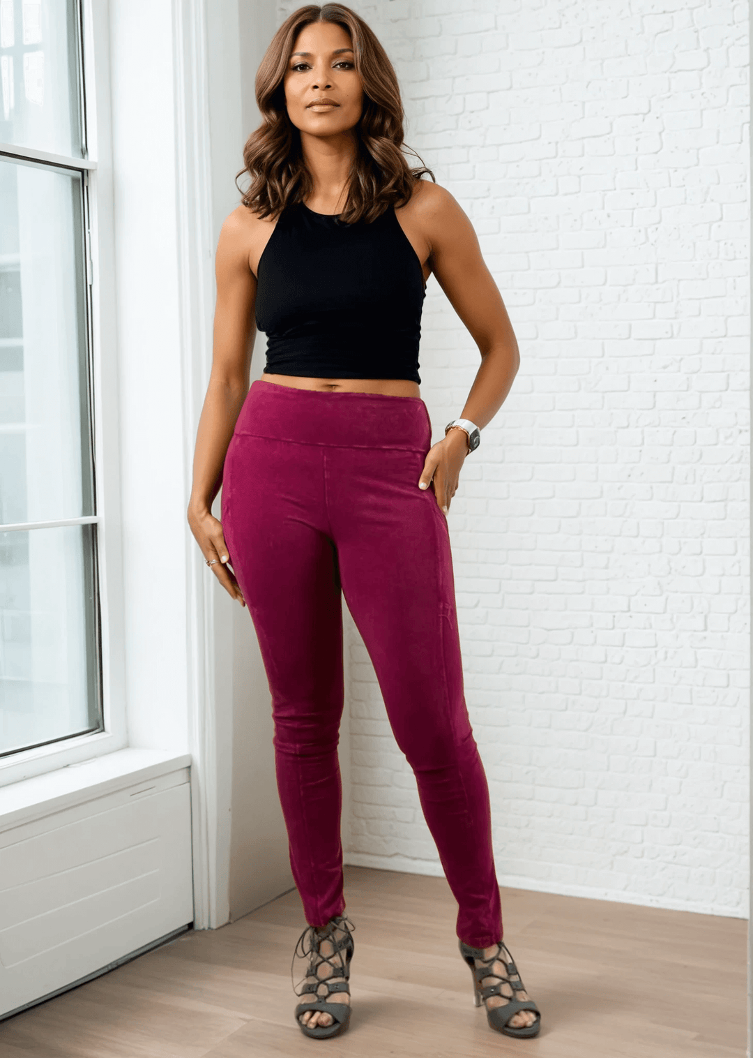 Made in USA Women's Tummy Control Wide Waistband Cotton Spandex Mineral Washed Leggings with Large Side Pockets | Classy Cozy Cool Made in America Boutique