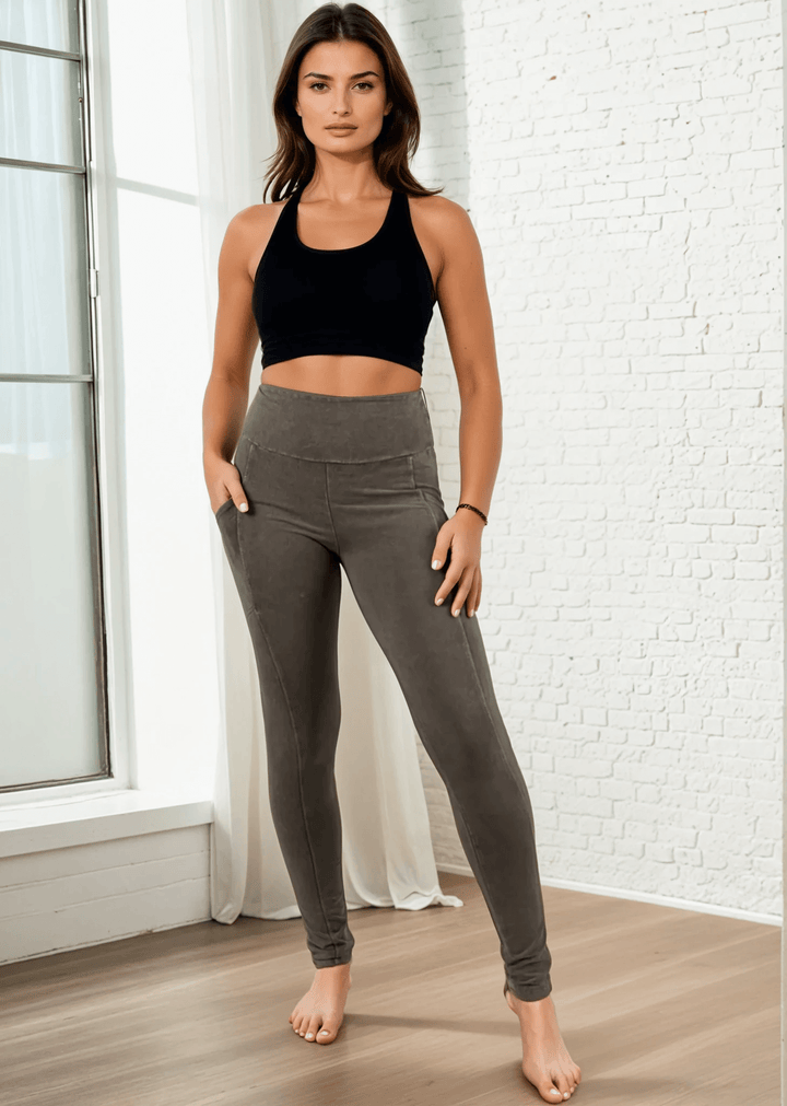 Made in USA Women's Tummy Control Wide Waistband Cotton Spandex Mineral Washed Leggings with Large Side Pockets in Desert Taupe | Classy Cozy Cool Made in America Boutique