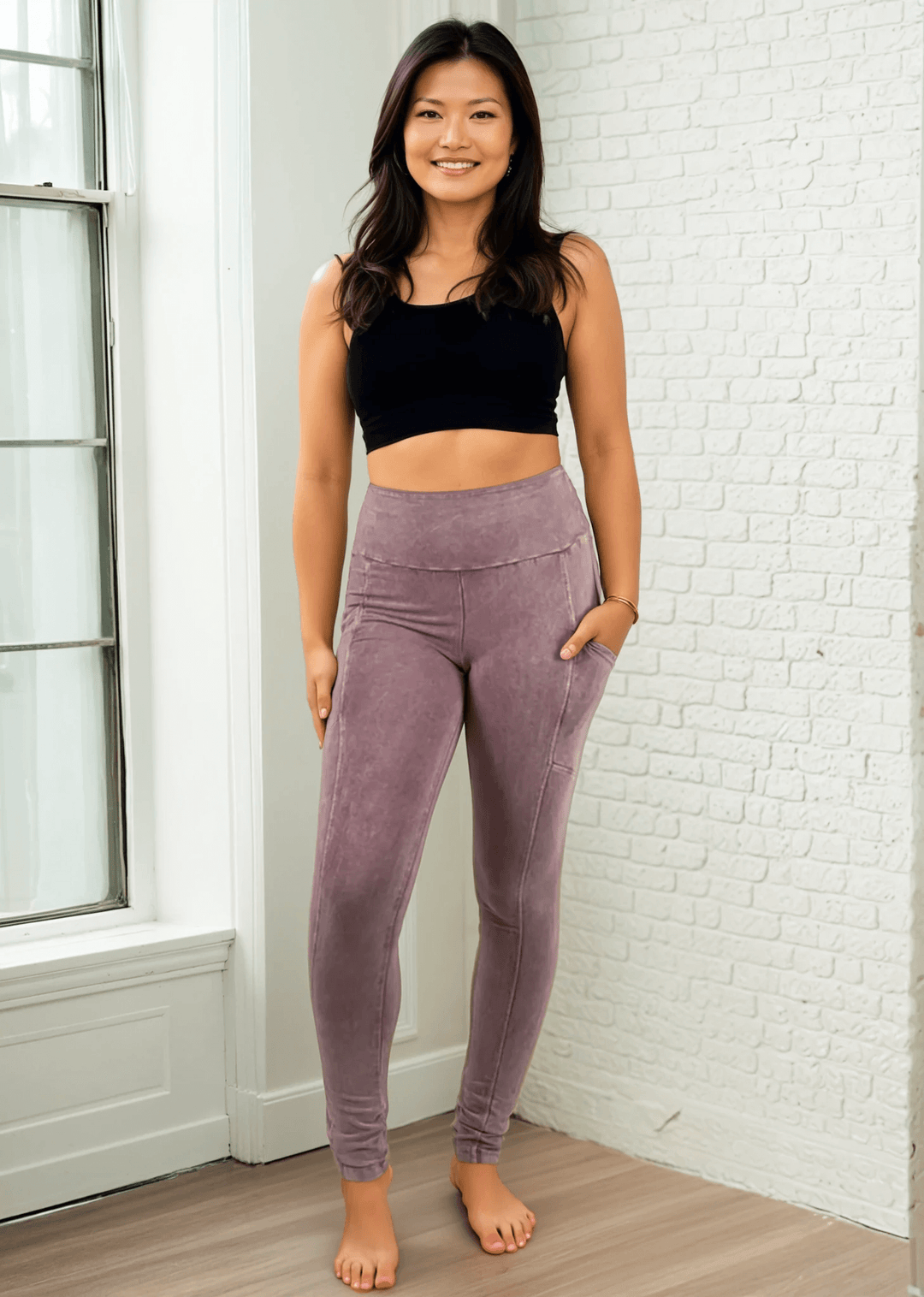 Made in USA Women's Tummy Control Wide Waistband Cotton Spandex Mineral Washed Leggings with Large Side Pockets in Light Mauve | Classy Cozy Cool Made in America Boutique