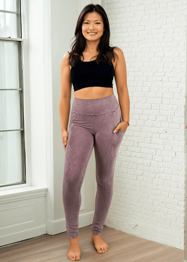 Made in USA Women's Tummy Control Wide Waistband Cotton Spandex Mineral Washed Leggings with Large Side Pockets in Light Mauve | Classy Cozy Cool Made in America Boutique