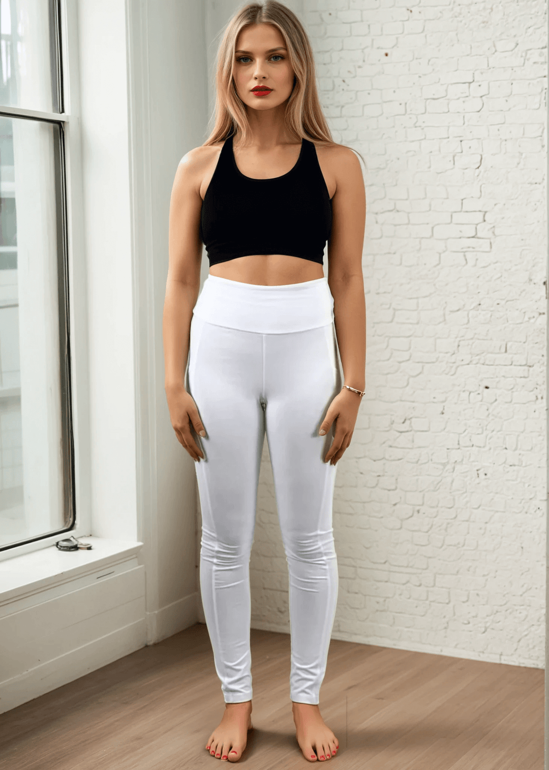 Made in USA Women's Tummy Control Wide Waistband Cotton Spandex Garment Washed Solid Leggings with Large Side Pockets in White | Classy Cozy Cool Made in America Boutique
