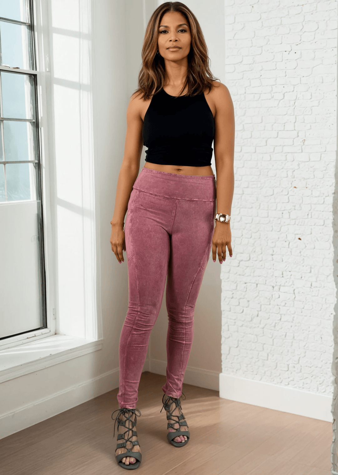 Made in USA Women's Tummy Control Wide Waistband Cotton Spandex Mineral Washed Leggings with Large Side Pockets | Classy Cozy Cool Made in America Boutique