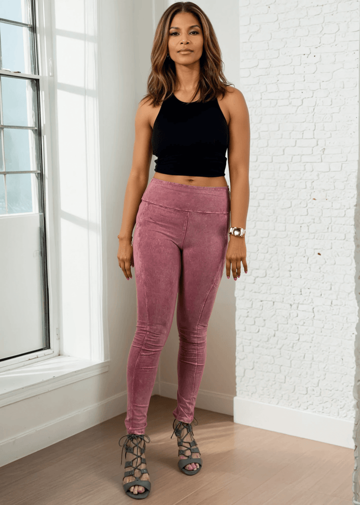 Made in USA Women's Tummy Control Wide Waistband Cotton Spandex Mineral Washed Leggings with Large Side Pockets | Classy Cozy Cool Made in America Boutique