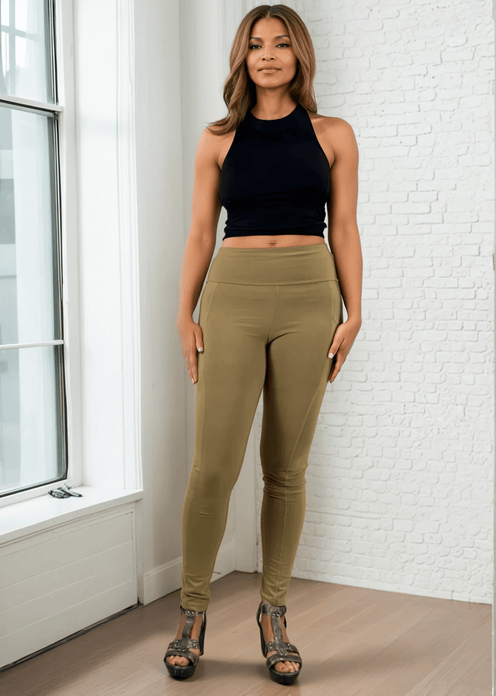 Made in USA Women's Tummy Control Wide Waistband Cotton Spandex Garment Washed Solid Leggings with Large Side Pockets in Beige | Classy Cozy Cool Made in America Boutique