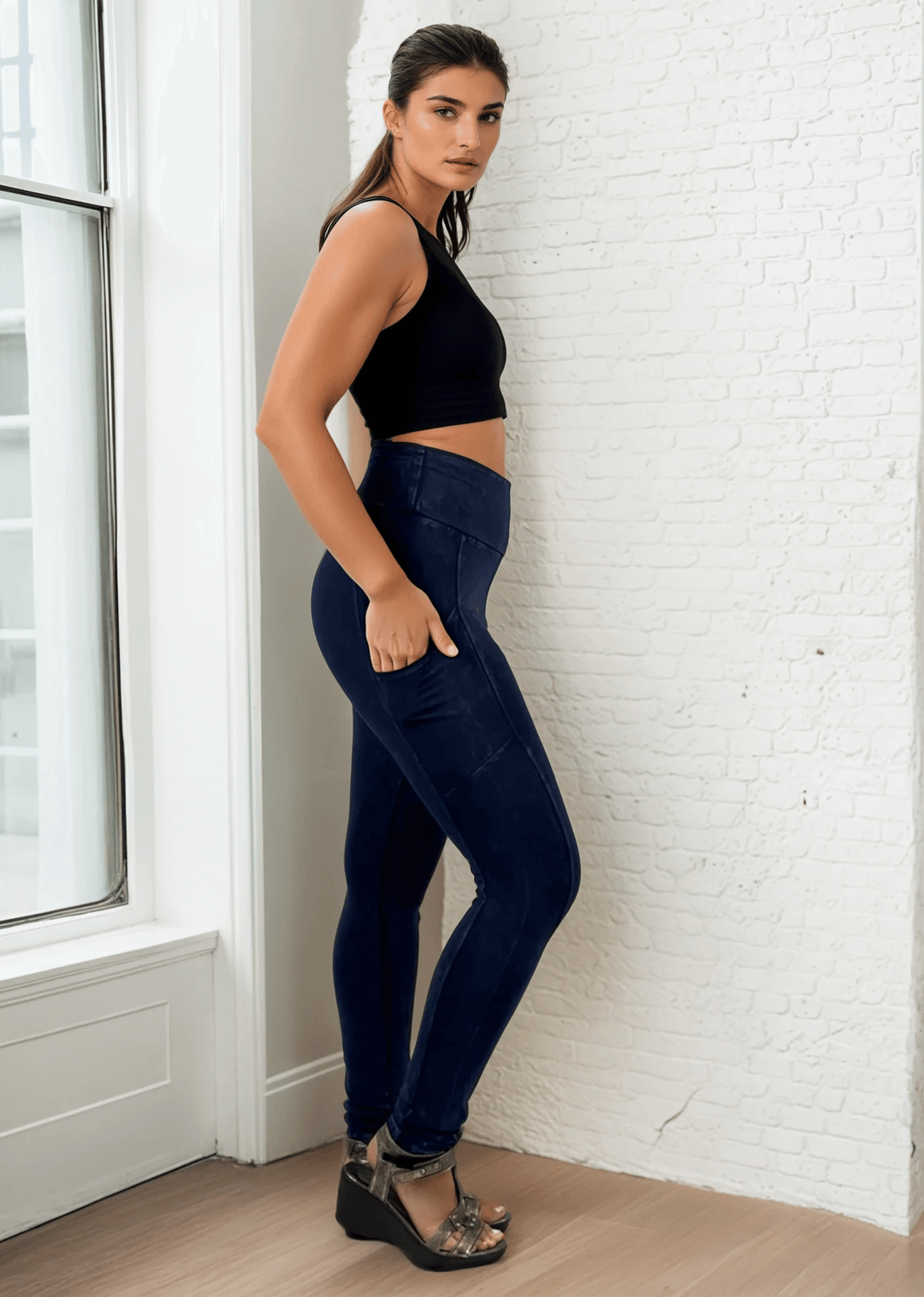 Made in USA Women's Tummy Control Wide Waistband Cotton Spandex Mineral Washed Leggings with Large Side Pockets in Dark Blue Denim | Classy Cozy Cool Made in America Boutique