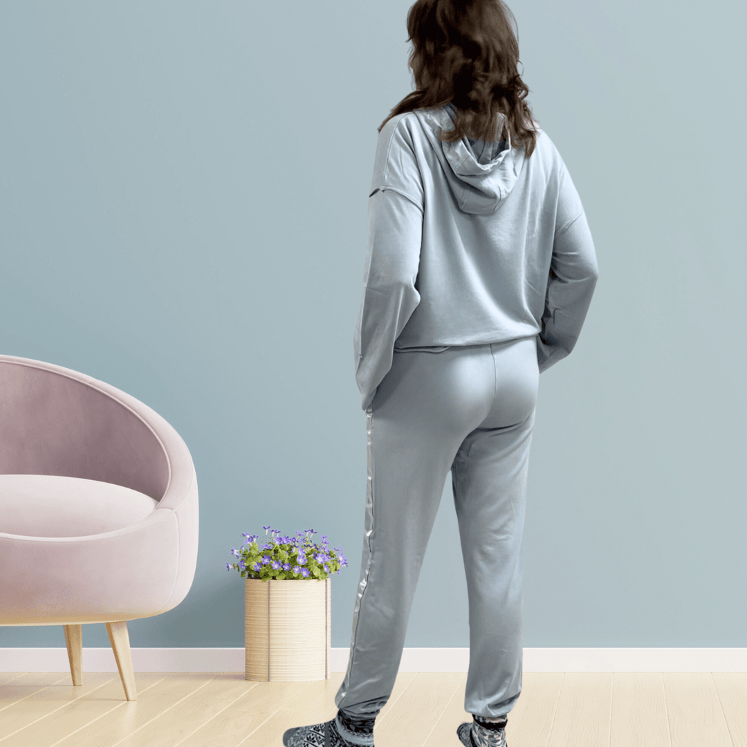 Made in USA PJ Harlow Blair Premium Women's Loungewear Joggers in Light Blue Paired with PJ Harlow Bianca Cropped Hoodie,, Super Soft Cotton Blend with Satin Finish | Classy Cozy Cool Made in America Boutique