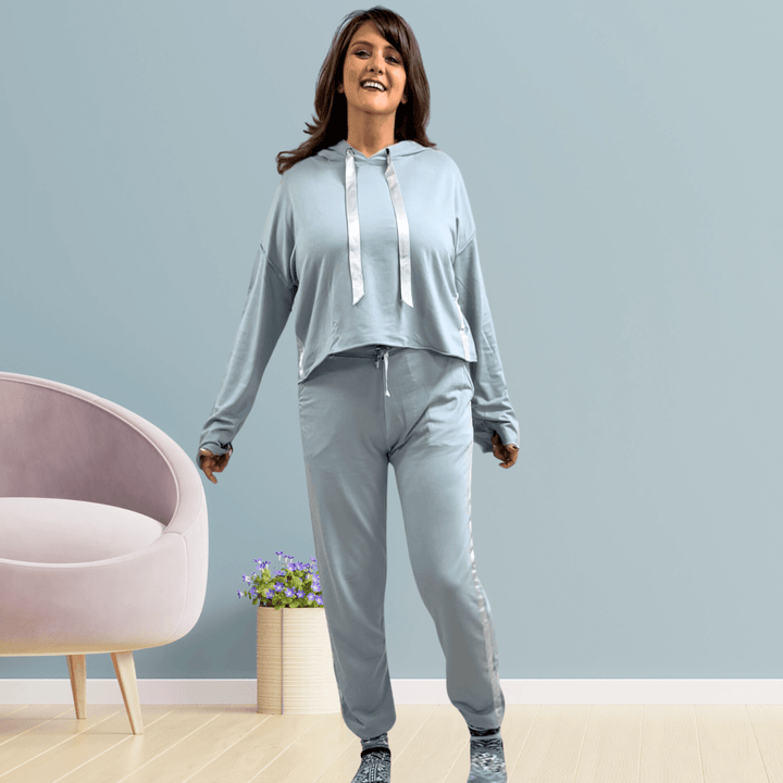 Made in USA PJ Harlow Blair Premium Women's Loungewear Joggers in Light Blue Paired with PJ Harlow Bianca Cropped Hoodie,, Super Soft Cotton Blend with Satin Finish | Classy Cozy Cool Made in America Boutique