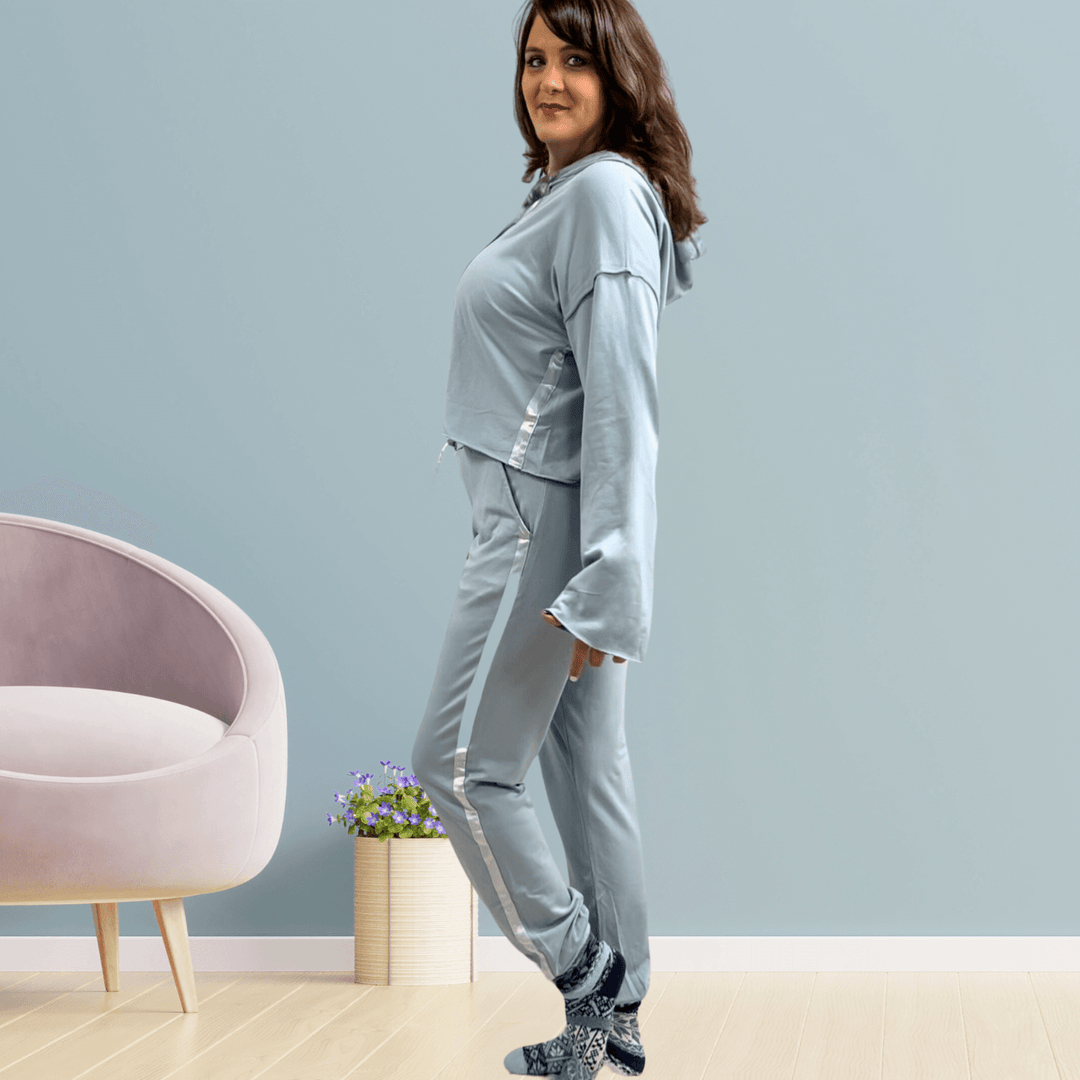 Made in USA PJ Harlow Blair Premium Women's Loungewear Joggers in Light Blue Paired with PJ Harlow Bianca Cropped Hoodie,, Super Soft Cotton Blend with Satin Finish | Classy Cozy Cool Made in America Boutique