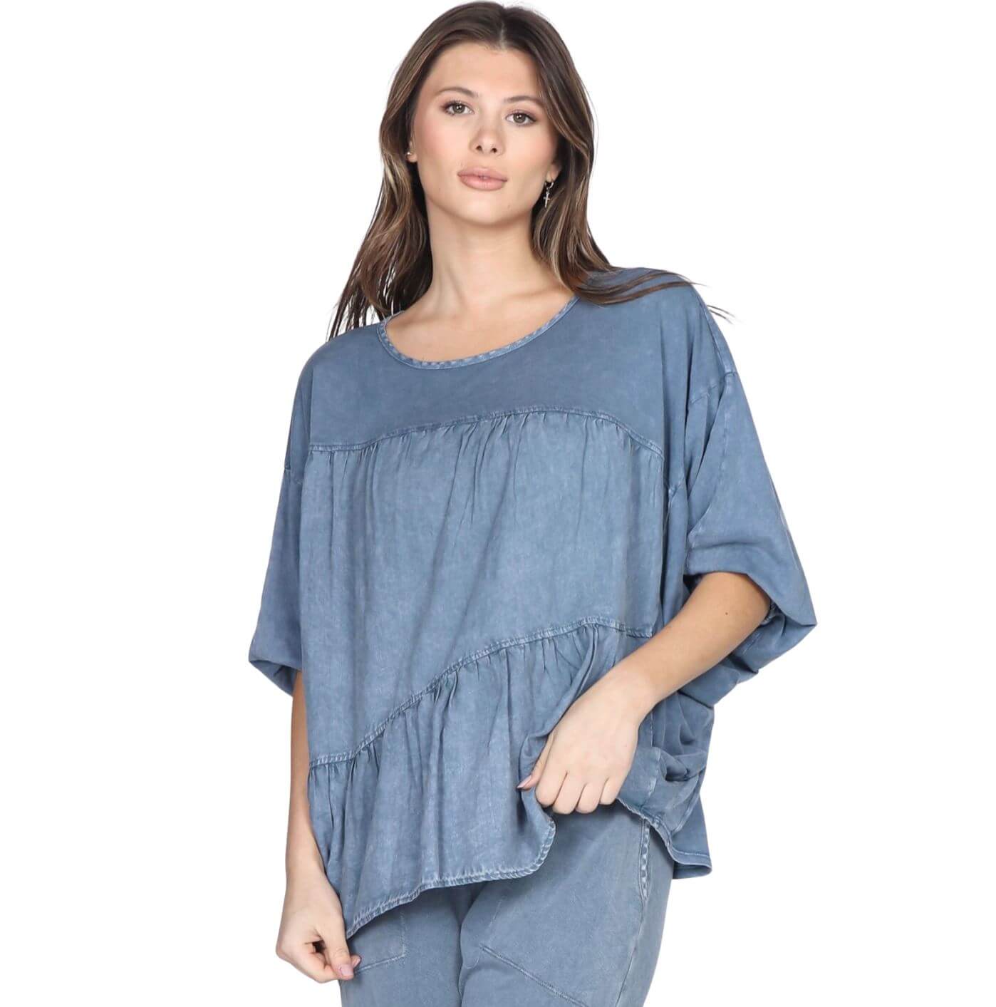 M. Rena Mineral Washed Oversized Linen Top with Pleating in Front | Style# S5000A | Made in USA | Natural Linen & Cotton Fabric | Ladies Made In America Clothing | Color: Denim Blue