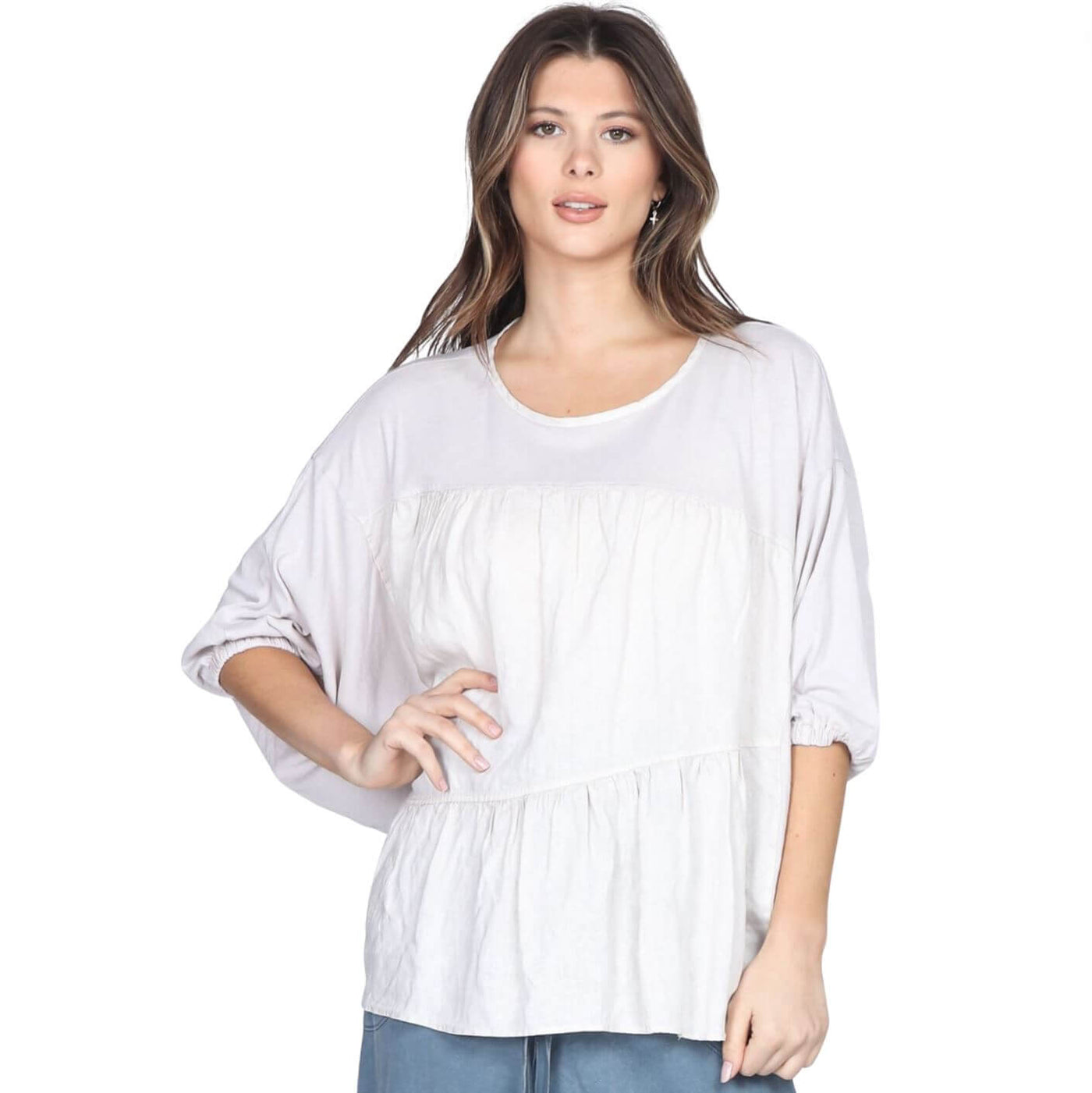 M. Rena Mineral Washed Oversized Linen Top with Pleating in Front | Style# S5000A | Made in USA | Natural Linen & Cotton Fabric | Ladies Made In America Clothing | Color: Bone