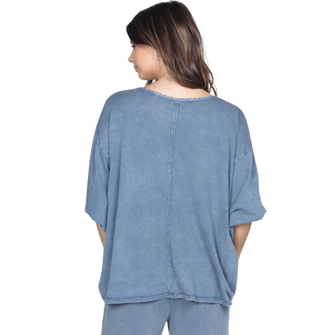 M. Rena Mineral Washed Oversized Linen Top with Pleating in Front | Style# S5000A | Made in USA | Natural Linen & Cotton Fabric | Ladies Made In America Clothing | Color: Denim Blue