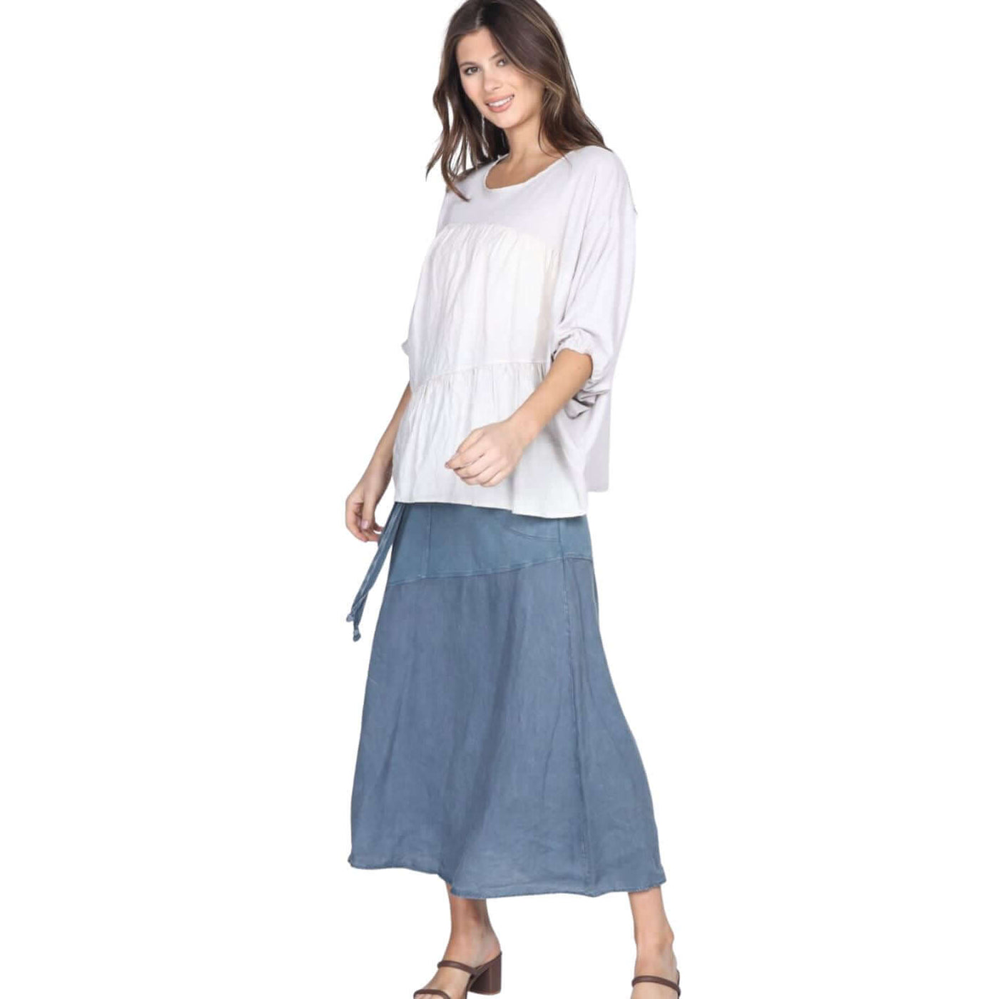 M. Rena Mineral Washed Oversized Linen Top with Pleating in Front | Style# S5000A | Made in USA | Natural Linen & Cotton Fabric | Ladies Made In America Clothing | Color: Bone