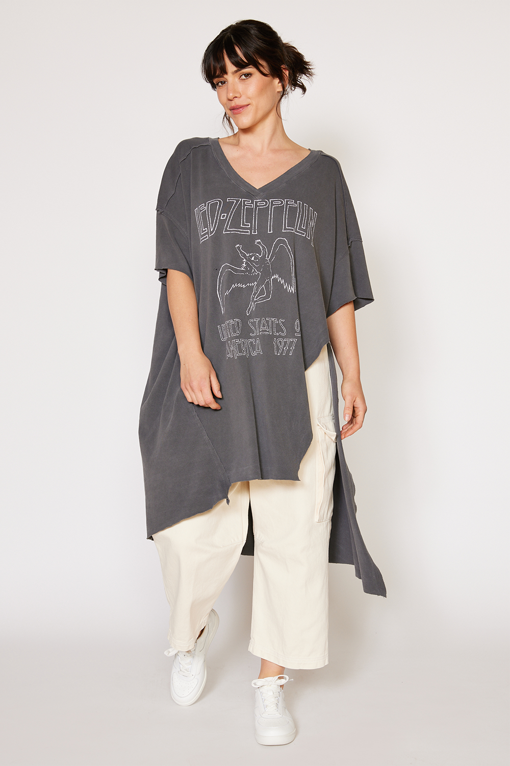 Shop the Led Zeppelin 1977 Tunic Top by People of Leisure — 100% organic cotton band tee with iconic graphic. Vintage Black, One Size.