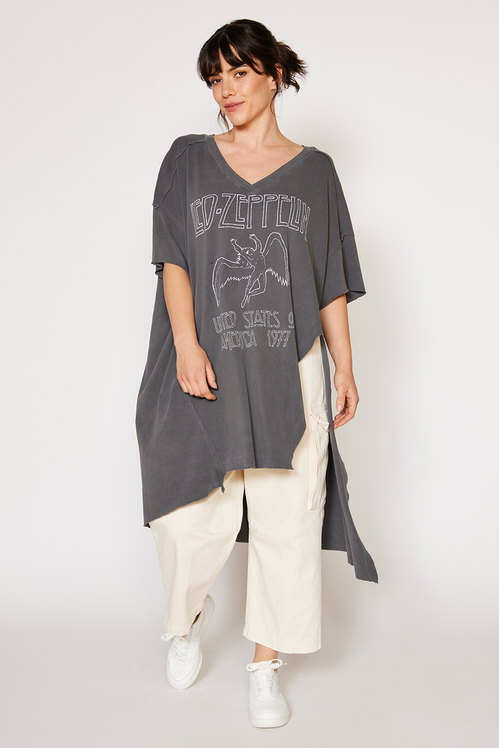 Shop the Led Zeppelin 1977 Tunic Top by People of Leisure — 100% organic cotton band tee with iconic graphic. Vintage Black, One Size.