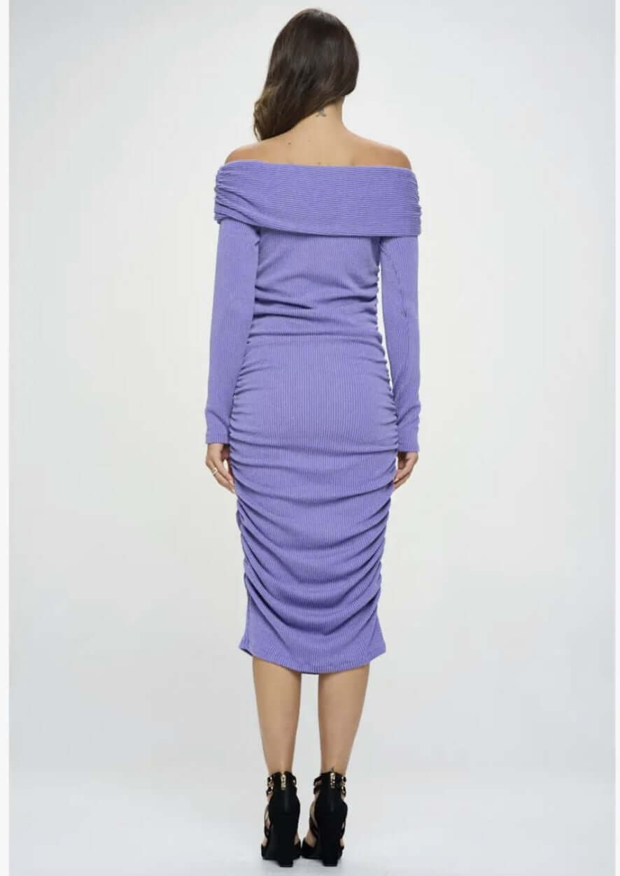 Beautiful Ladies Lavender Ruched Sides Off the Shoulder Body Con Dress with long Sleeves | Renee C. Style #4728DR | Proudly Made in USA | Classy Cozy Cool Clothing Boutique