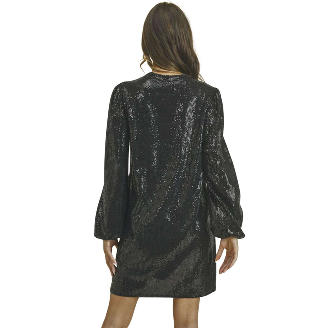 Woman's Glam Black Sequins Mini Dress for Holiday Party | Made in USA | Featuring shimmering sequins, long puff sleeves, and a figure-flattering cut