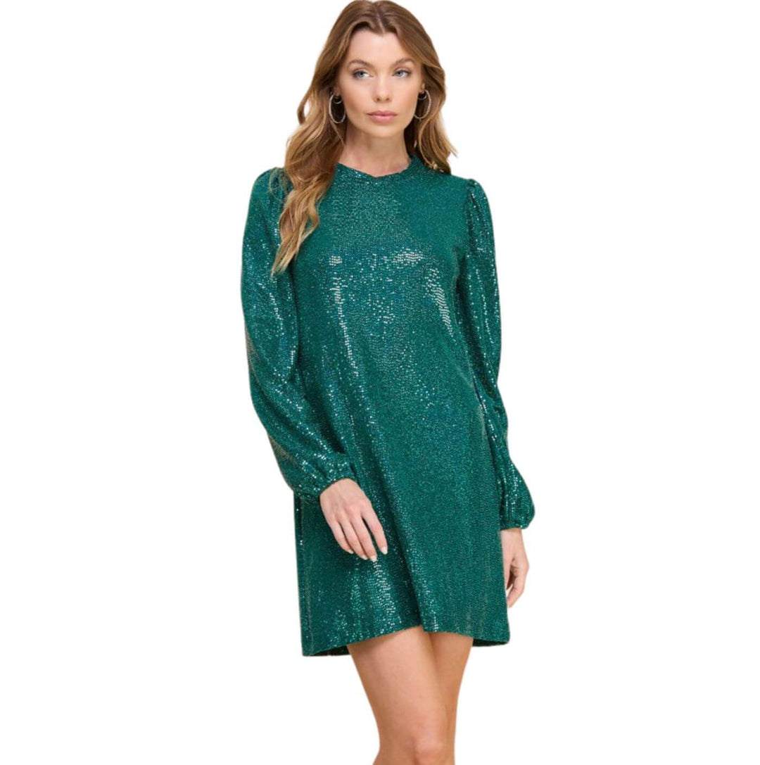 Woman's Glam Hunter Green Sequins Mini Dress for Holiday Party | Made in USA | Featuring shimmering sequins, long puff sleeves, and a figure-flattering cut