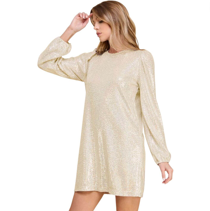 Woman's Glam Gold Sequins Mini Dress for Holiday Party | Made in USA | Featuring shimmering sequins, long puff sleeves, and a figure-flattering cut