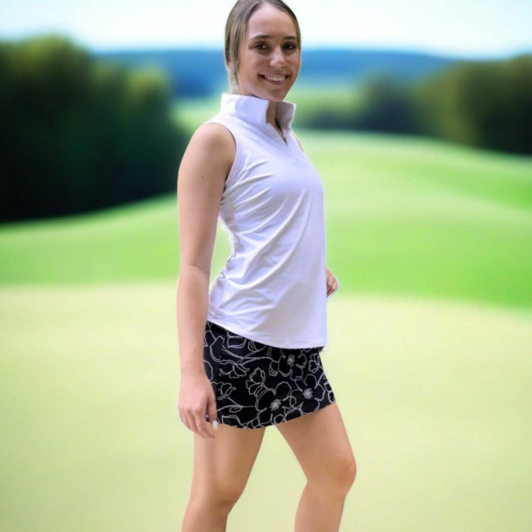 USA Made Ladies Active Wear Fairway Skort in Black & White Moonflower Print by Southwind Apparel | Made in USA | For Golf, Tennis, Pickleball, Lunch, Vacation Wear for Spring & Summer | Classy Cozy Cool Women's Made in America Boutique