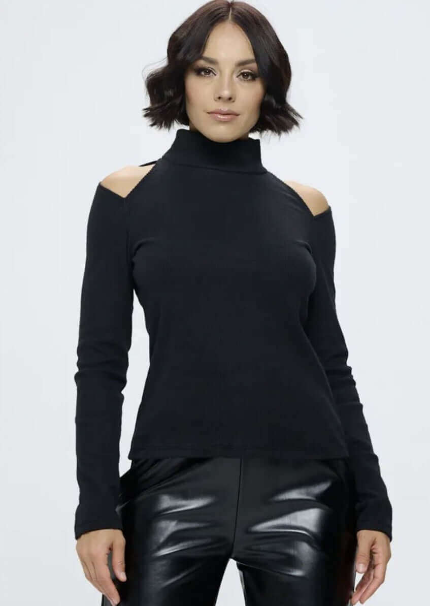 Renee C. Style: 4029TP | Women's Fitted Medium Weight Ribbed Knit Cold Shoulder Sweater Top in Black | Made in USA | Classy Cozy Cool Women's Made in America Boutique