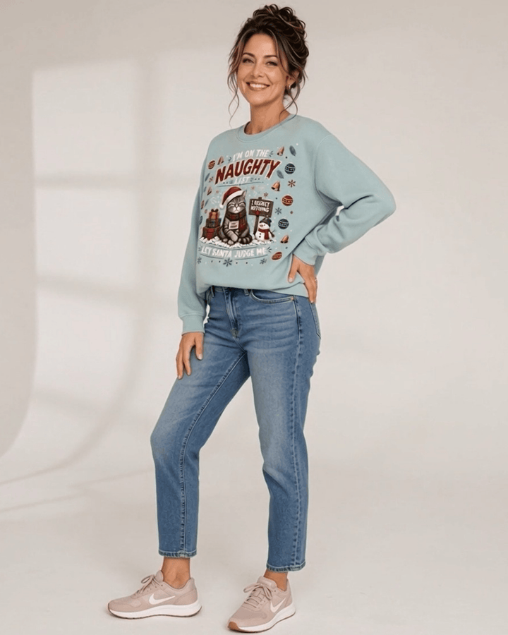Made in USA Naughty List Christmas Graphic crew neck sweatshirt in sage green with an I&