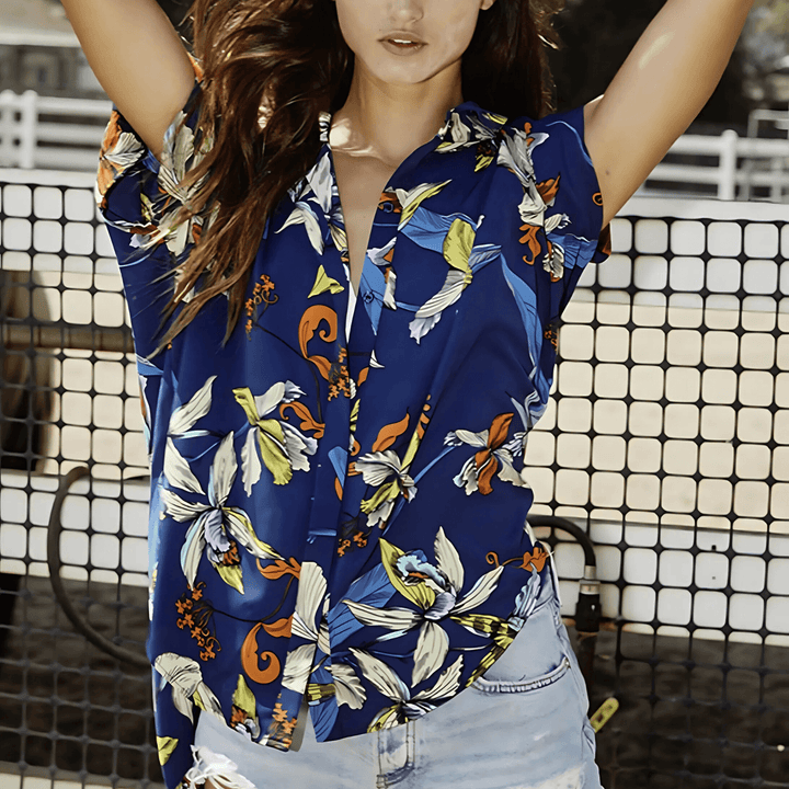 Bucket List Style T1702 Ladies Button Down Hidden Placket High Low Top in Navy Blue Tropical Print | Made in USA | Women's Clothing Made in America