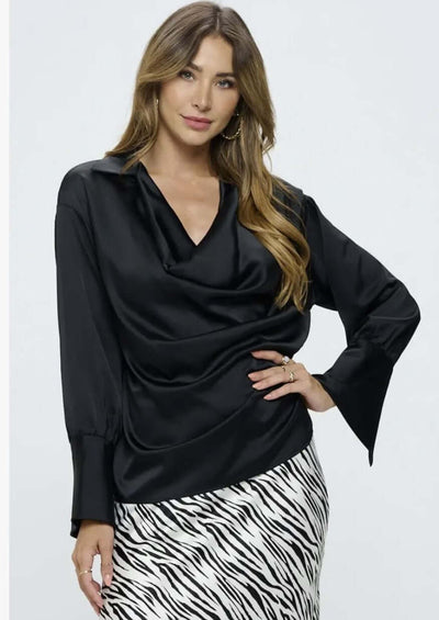 Made in USA | Renee C Style# 4586TP | Ladies Long Sleeve Ladies Dressy Satin Cowl Neck Top with Split Cuffs in Black | Classy Cozy Cool Women's Made in America Clothing Boutique