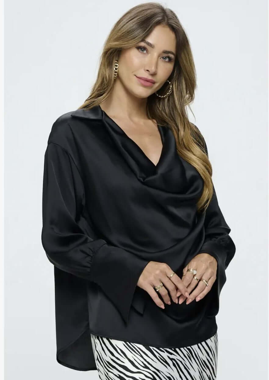 Made in USA | Renee C Style# 4586TP | Ladies Long Sleeve Ladies Dressy Satin Cowl Neck Top with Split Cuffs in Black | Classy Cozy Cool Women's Made in America Clothing Boutique