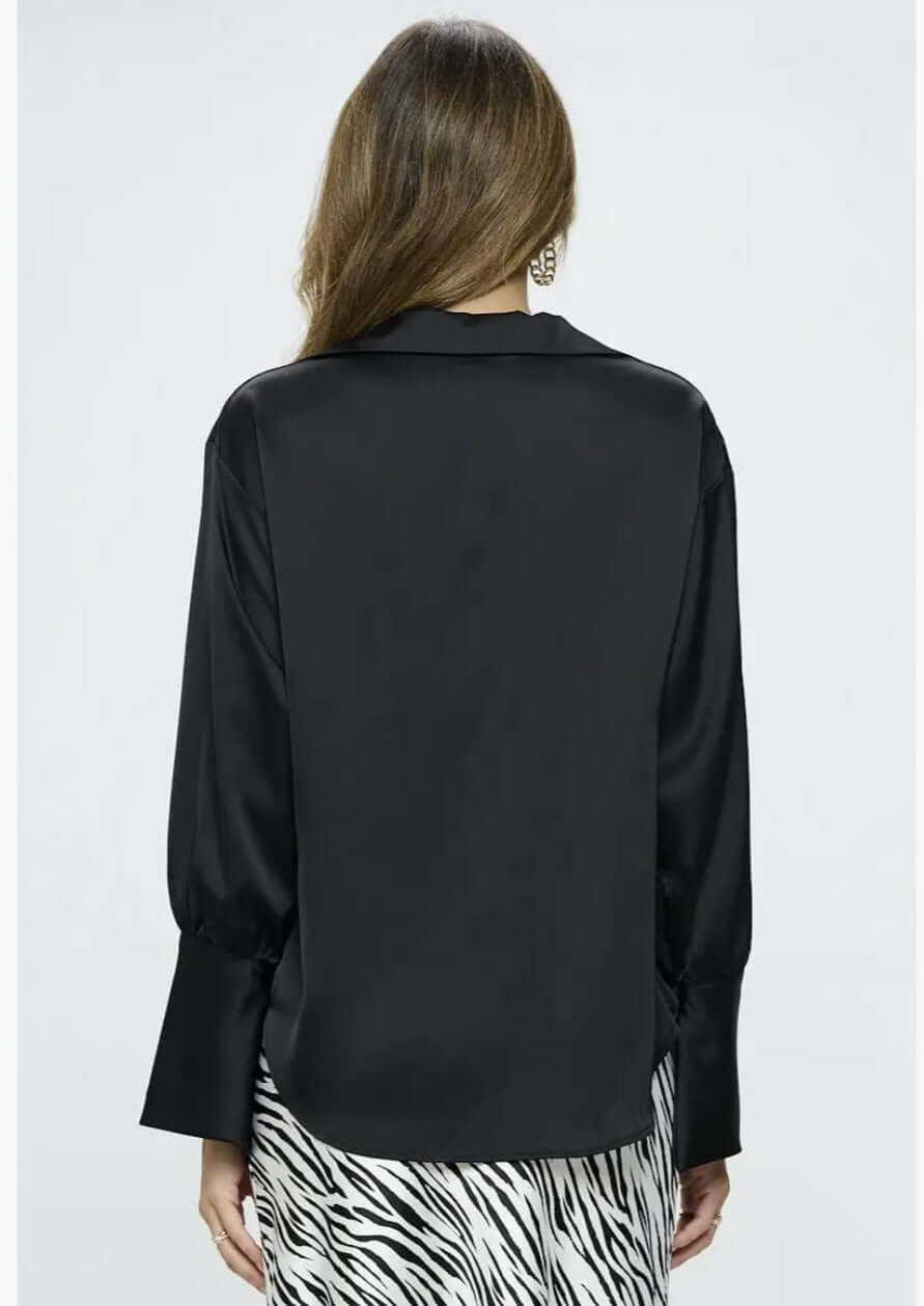 Made in USA | Renee C Style# 4586TP | Ladies Long Sleeve Ladies Dressy Satin Cowl Neck Top with Split Cuffs in Black | Classy Cozy Cool Women's Made in America Clothing Boutique